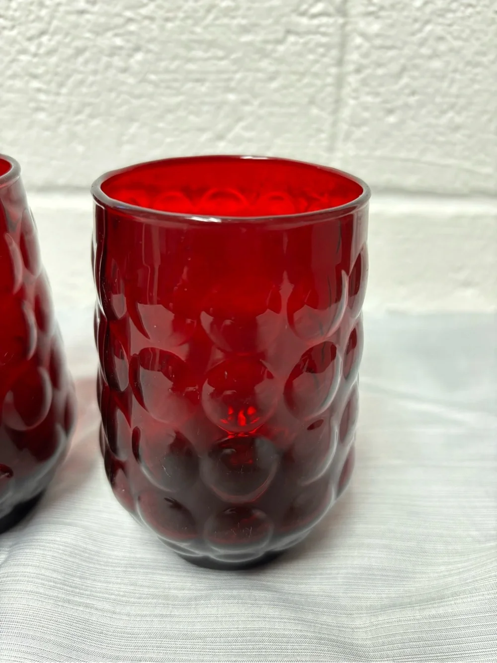 Vintage Ruby Red Bubble Glass Tumblers Set of 2 Mid Century Retro Drinkware